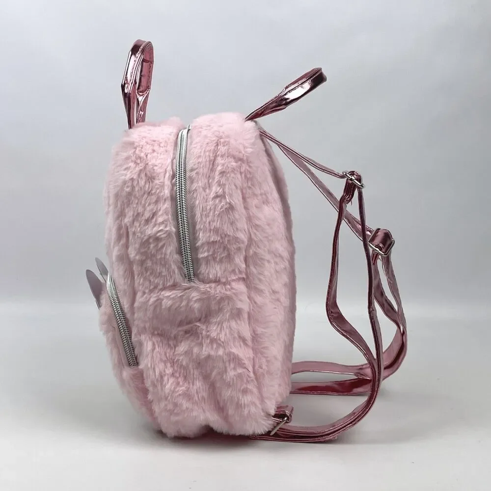 Disney Minnie Mouse Faux Fur Mini Backpack Pink Fuzzy Sequin Bag EUC